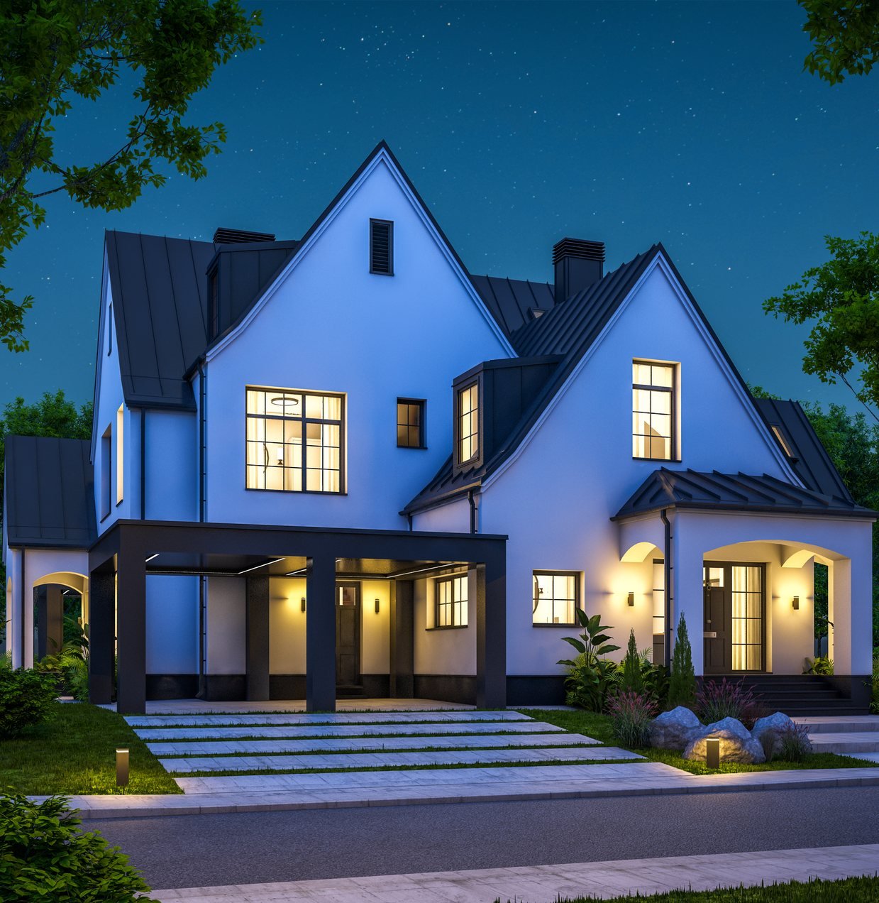 Rendering of a white two-story home with black metal roofs at dusk