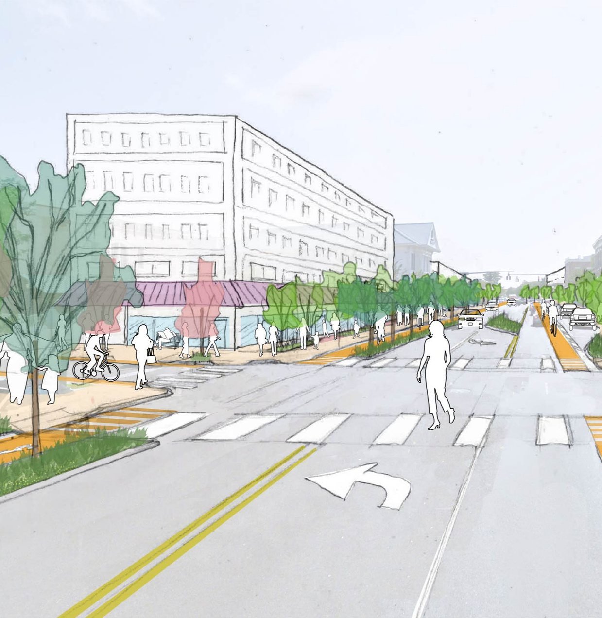 Hand-drawn urban design rendering of a redesigned street with bike lanes and a crosswalk