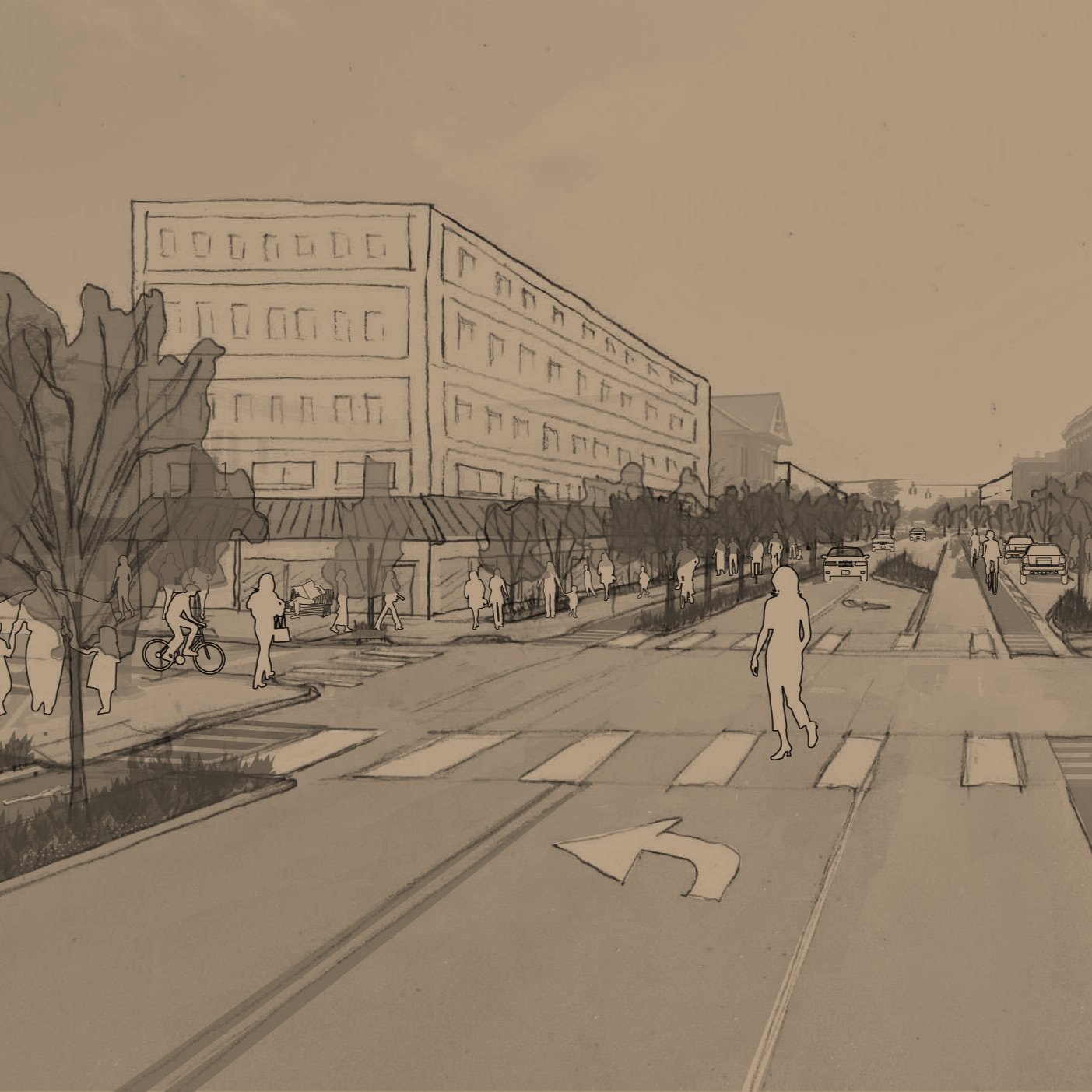 Hand-drawn concept sketch of a walkable, tree-lined street with bike lanes and crosswalks